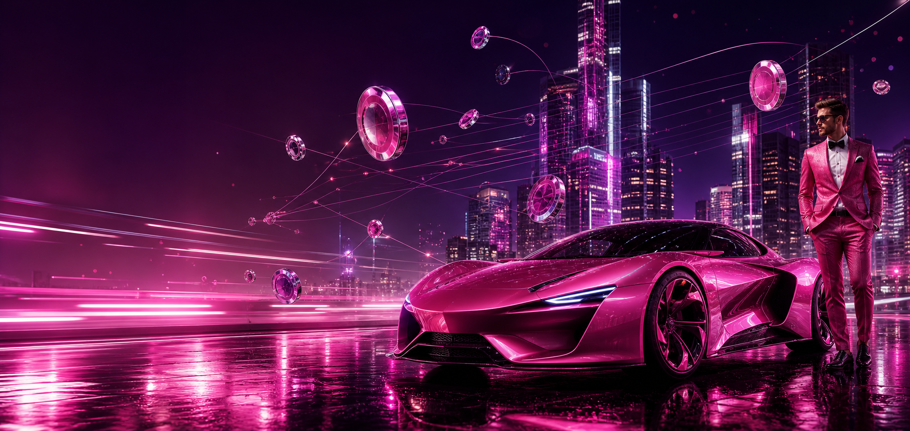 Chrome token discs and a pink electric supercar under fuchsia city lights