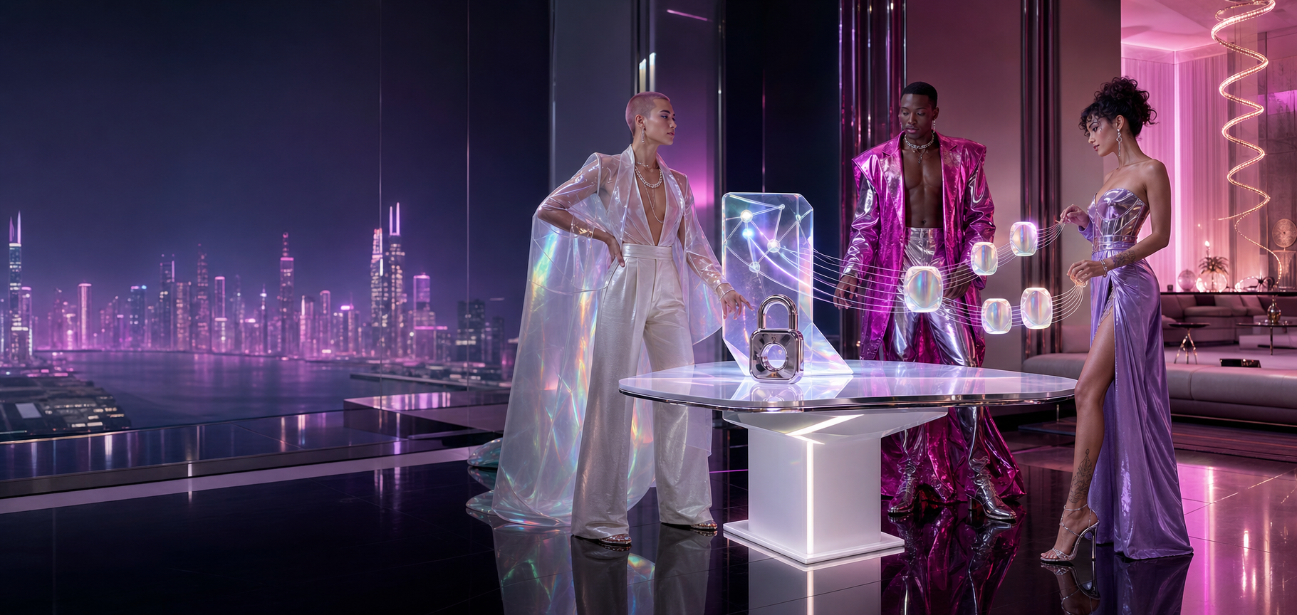 Fashion figures gathered around a glowing glass agreement object in a futuristic penthouse